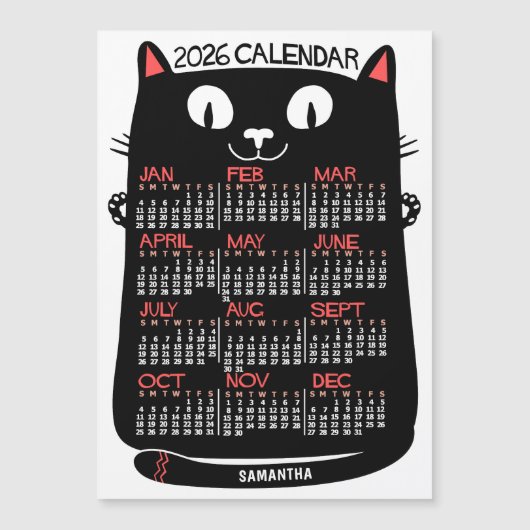 2026 Year Calendar Mid-Century Black Cat Magnet (Voorkant)