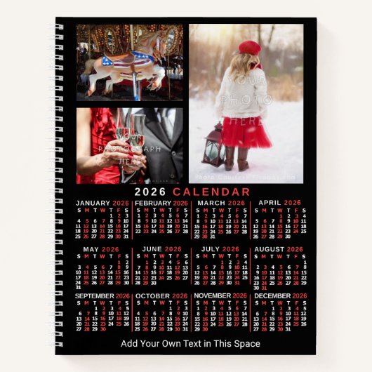 2026 Year Monthly Calendar Black Custom 9 Photos Notitieboek (Voorkant)
