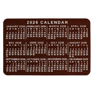 2026 Year Monthly Calendar Brown Wood Grain Simple Magneet