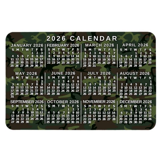 2026 Year Monthly Calendar Camouflage Camo Green Magneet (Horizontaal)