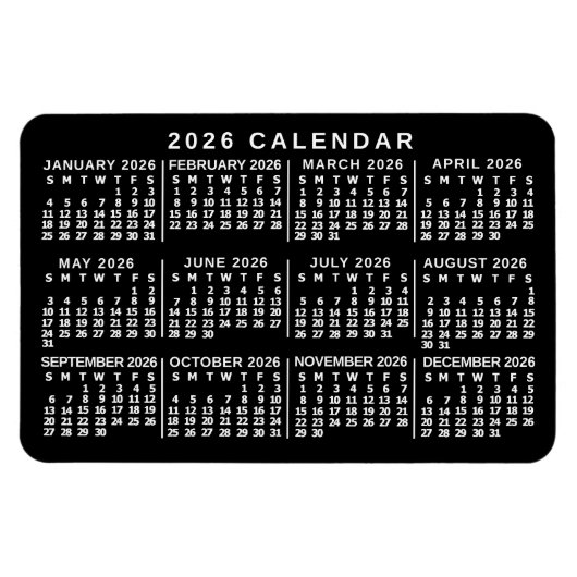 2026 Year Monthly Calendar Classic Black and White Magneet (Horizontaal)
