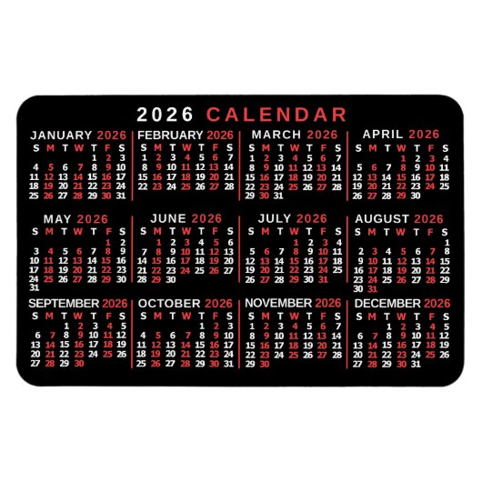 2026 Year Monthly Calendar Classic Black Red White Magneet (Horizontaal)