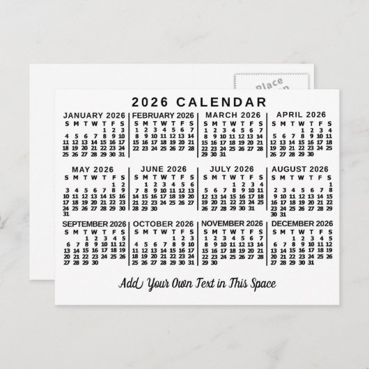 2026 Year Monthly Calendar Classic White and Black Briefkaart (Voorkant / Achterkant)