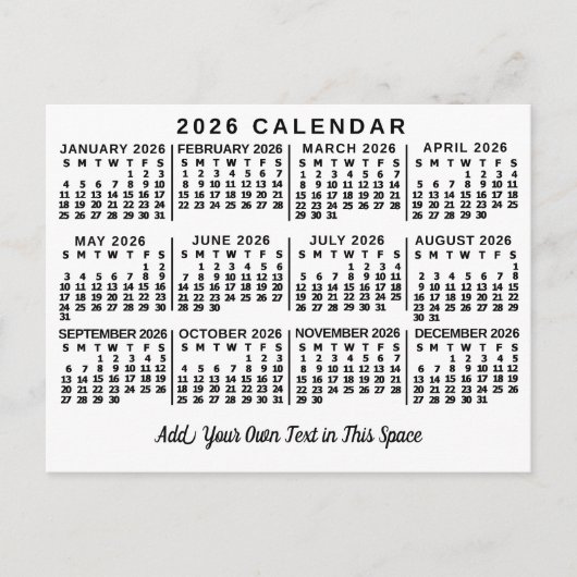 2026 Year Monthly Calendar Classic White and Black Briefkaart (Voorkant)