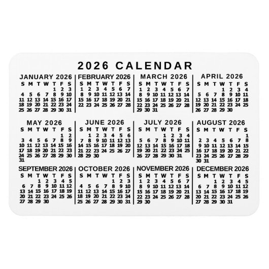 2026 Year Monthly Calendar Classic White and Black Magneet (Horizontaal)