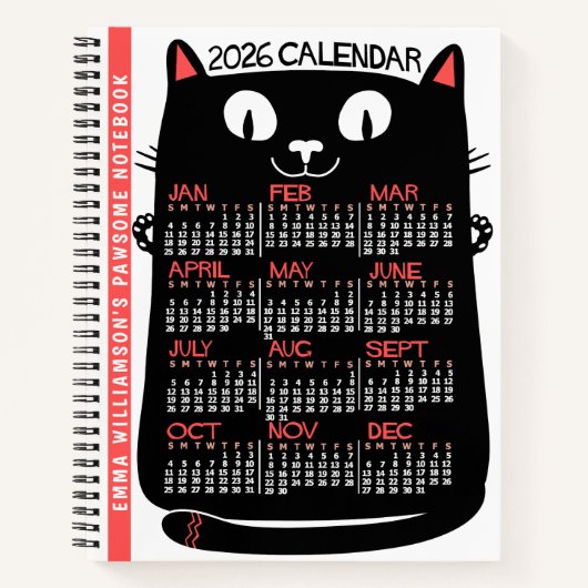 2026 Year Monthly Calendar Mid-Century Black Cat Notitieboek (Voorkant)