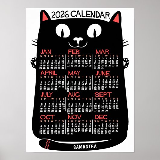2026 Year Monthly Calendar Mid-Century Black Cat Poster (Voorkant)