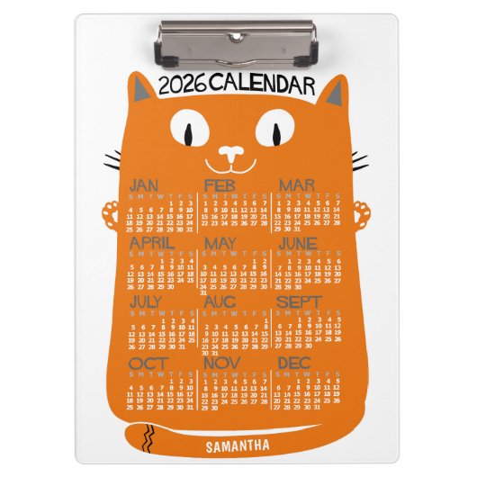 2026 Year Monthly Calendar Mid-Century Orange Cat Klembord (Voorkant)