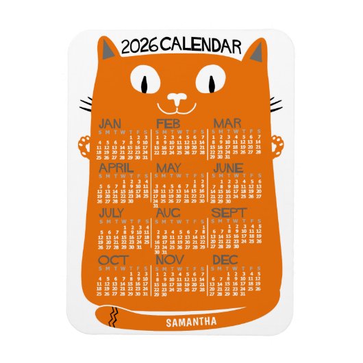 2026 Year Monthly Calendar Mid-Century Orange Cat Magneet (Verticaal)