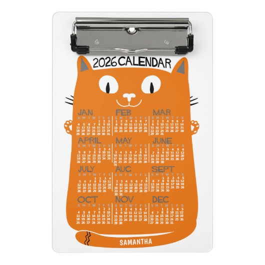 2026 Year Monthly Calendar Mid-Century Orange Cat Mini Klembord (Voorkant)