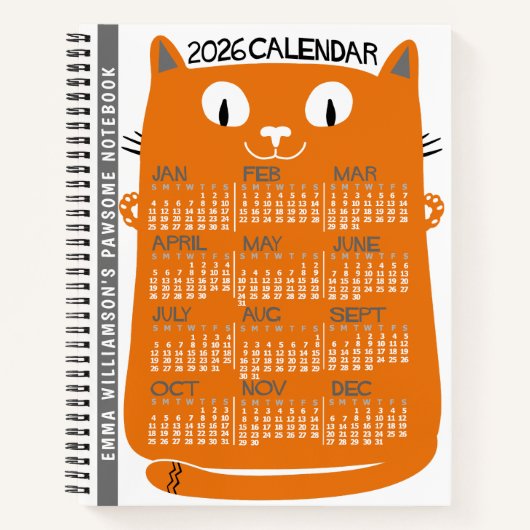 2026 Year Monthly Calendar Mid-Century Orange Cat Notitieboek (Voorkant)