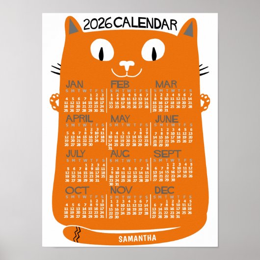2026 Year Monthly Calendar Mid-Century Orange Cat Poster (Voorkant)