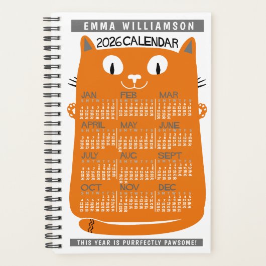 2026 Year Monthly Calendar Midcentury Orange Cat S Planner (Voorkant)