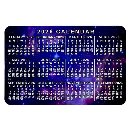 2026 Year Monthly Calendar Outer Space Nebula Magneet (Horizontaal)
