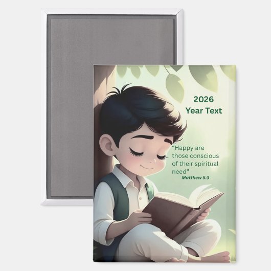 2026 Year Text Boy Reading Magneet (Voorkant / Achterkant)