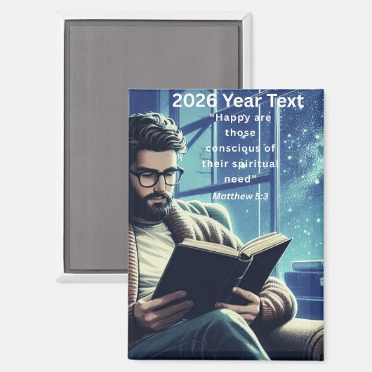 2026 Year Text Man Reading Magneet (Voorkant / Achterkant)