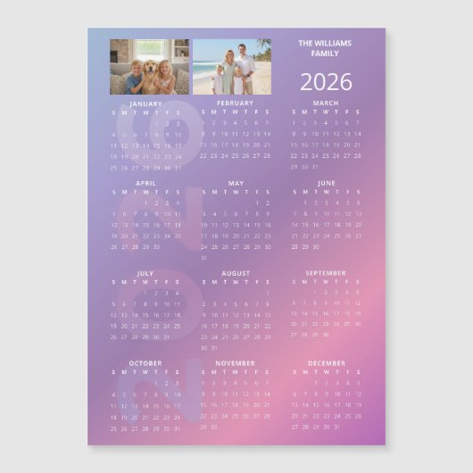 2026 Yearly Calendar Pink Blue Personalised Photo (Voorkant)