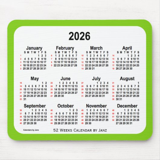 2026 Yellow Green 52-weekagenda van Janz Muismat (Voorkant)
