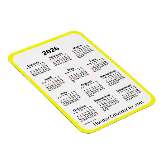 2026 Yellow Holiday Calendar door Janz Magnet Magneet (Rechterzijde)