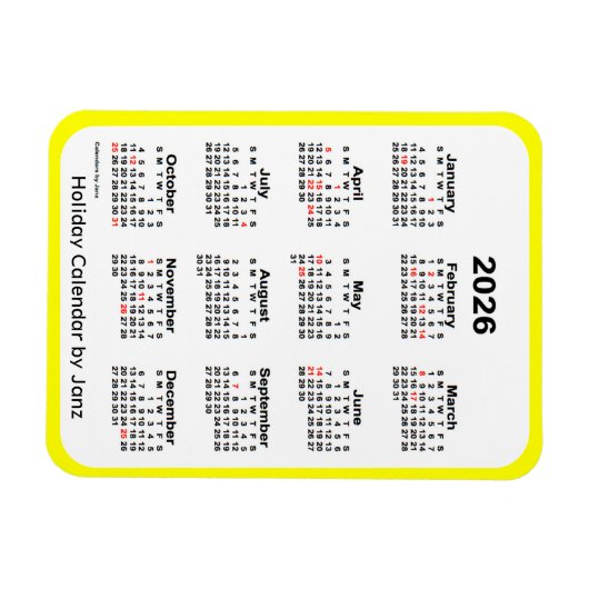 2026 Yellow Holiday Calendar door Janz Magnet Magneet (Horizontaal)