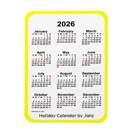 2026 Yellow Holiday Calendar door Janz Magnet Magneet (Verticaal)