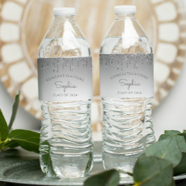 2026 Zilveren Glitter Drip Afstudeerfeest Waterfles Etiket