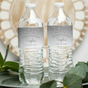2026 Zilveren Glitter Drip Afstudeerfeest Waterfles Etiket