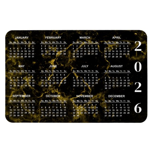 2026 Zwart en Goud Marmeren Kalender Magneet (Horizontaal)