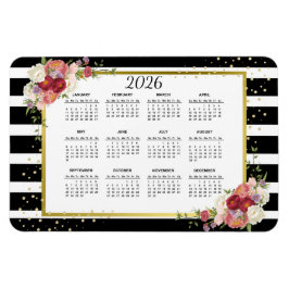 2026 Zwart Wit Gestreepte Bloemen Gouden Kalender Magneet