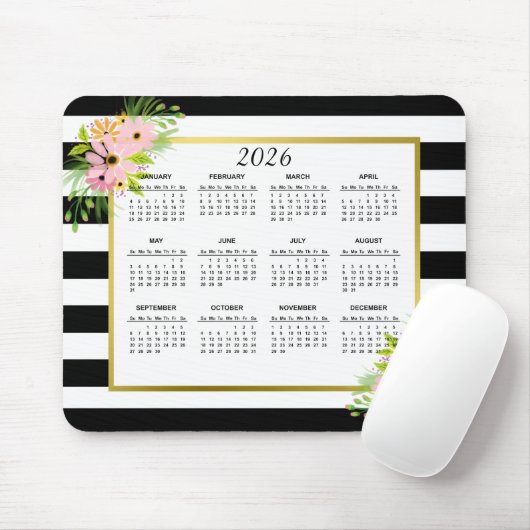 2026 Zwart Wit Gestreepte Bloemen Gouden Kalender Muismat (Met muis)