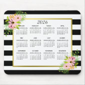 2026 Zwart Wit Gestreepte Bloemen Gouden Kalender Muismat (Voorkant)