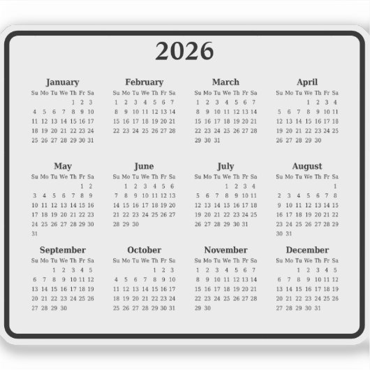 2026 Zwart-wit kalender Sticker (Voorkant)
