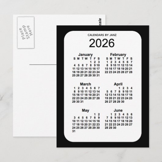 2026 Zwarte 6-maandenkalender van Janz Briefkaart (Voorkant / Achterkant)