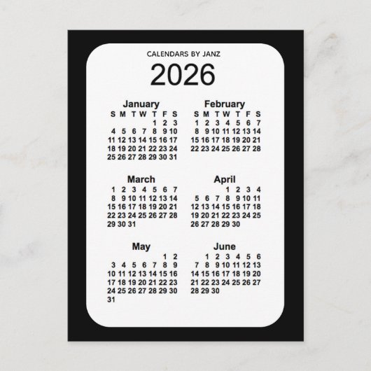 2026 Zwarte 6-maandenkalender van Janz Briefkaart (Voorkant)