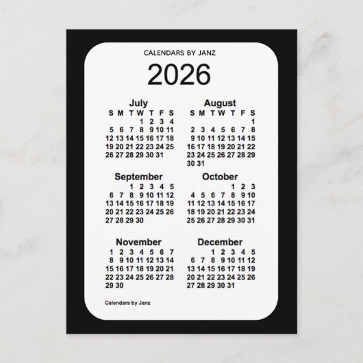 2026 Zwarte 6-maandenkalender van Janz Briefkaart (Voorkant)