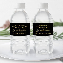 2026 Zwarte Gouden Script Pet Graduation Waterfles Etiket
