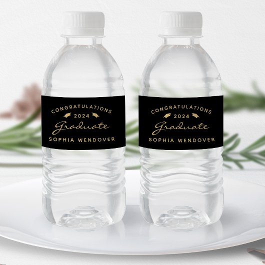 2026 Zwarte Gouden Script Pet Graduation Waterfles Etiket