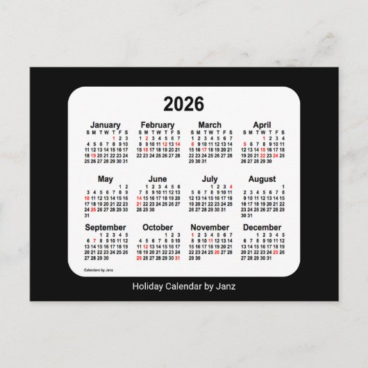 2026 Zwarte Vakantie Mini Kalender van Janz Feestdagenkaart (Voorkant)