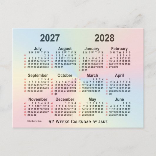 2027-2028 Rainbow 52-weekagenda van Janz Briefkaart (Voorkant)