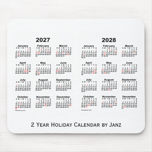 2027-2028 White 2 Year Holiday Calendar door Janz Muismat (Voorkant)