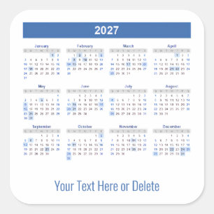 2027 Aangepaste tekst onderaan Maandkalender Vierkante Sticker
