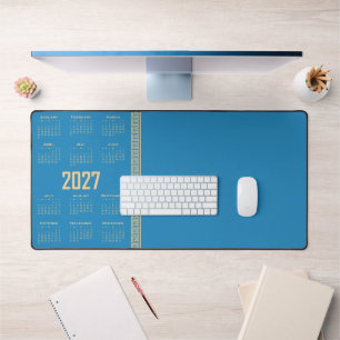 2027 Agenda, Griekse Fret, Beige op Cosmos Blauw Bureaumat