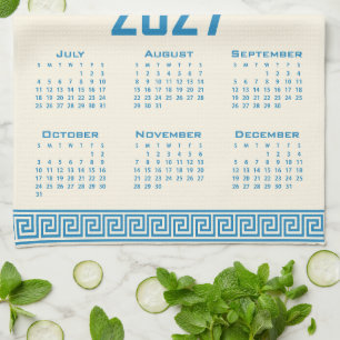 2027 Agenda, Griekse Fret, Blauw op Cosmic Latte Theedoek