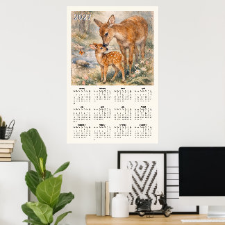 2027 Agenda - Hert en Ree kalender in vintage wate Poster