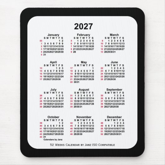 2027 Black 52 weken ISO-kalender van Janz Two Tone Muismat (Voorkant)