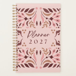 2027 Bloemige Boho Folk Art Spiraal Roze Planner