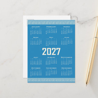 2027 Calendar, Greek Fret, Cosmic Latte on Blue Briefkaart