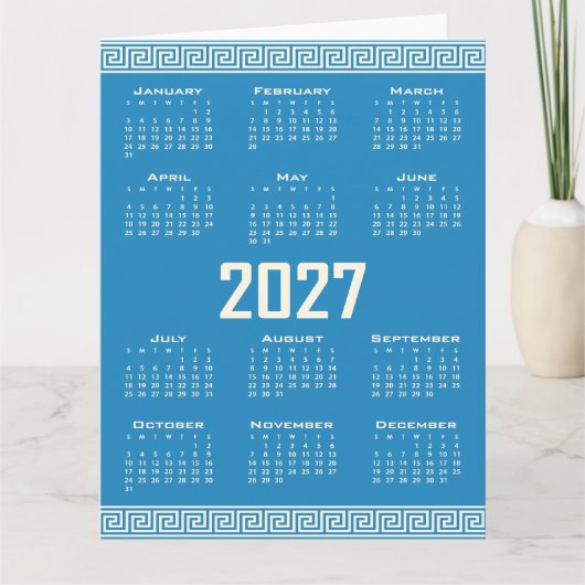 2027 Calendar, Greek Fret, Cosmic Latte on Blue Kaart (Voorkant)
