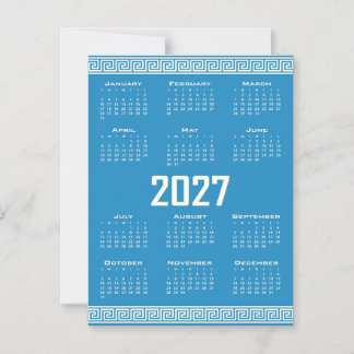 2027 Calendar, Greek Fret, Cosmic Latte on Blue Magnetische Uitnodiging