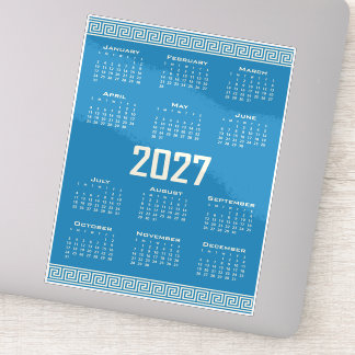 2027 Calendar, Greek Fret, Cosmic Latte on Blue Sticker